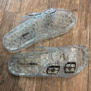 Fashion nova slides. Never worn. Clear glitter.